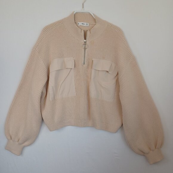Mango Sweater Cream Cropped Chunky Knit Pullover Pocket & Zip Detail Womens Med - Picture 6 of 7